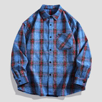 男装春秋装新款男士长袖衬衫高街潮牌时尚宽松复古格子衬衣男外套
