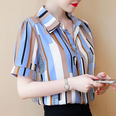 条纹衬衫女短袖夏季女装2020新款雪纺衫宽松显瘦格子衬衣小衫上衣衫伊格