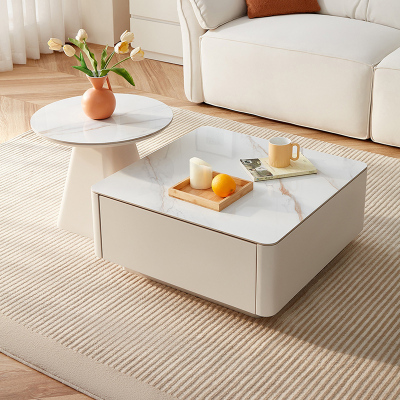 全友家居 现代简约岩板圆形小户型简易奶油风茶几组合客厅家用