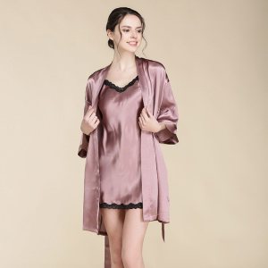 美帮汇新款100桑蚕丝性感吊带睡袍女士真丝睡衣两件套装蕾丝花