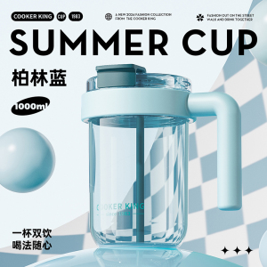 炊大皇大容量水杯双饮吸管办公室杯子塑料杯大肚杯夏男女杯子水壶冰箱杯