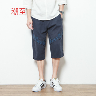AR夏天新款中国风刺绣胖子宽松帅气复古民族七分短裤亚麻裤子男夏天加肥加大码7分休闲中裤