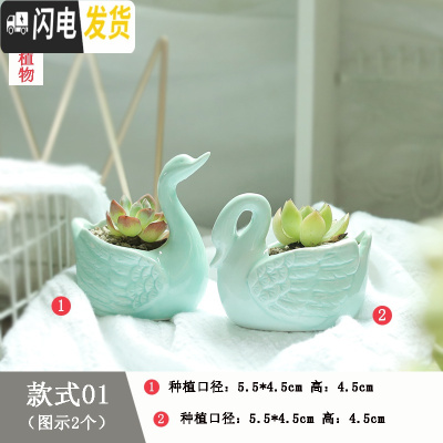 三维工匠麦饭石多肉花盆陶瓷手绘粗陶复古爆裂创意大老桩盆栽室内 咖啡色天鹅一对 中等花盆容器