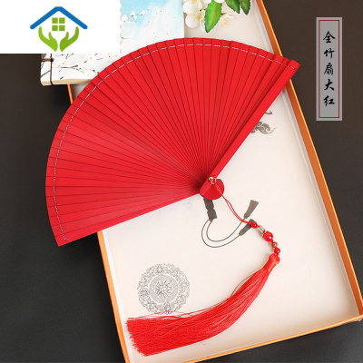 御蓝锦中国风全竹扇子雕刻镂空日式古风男女士折扇手工红黑色小巧舞蹈扇18CM全竹扇大红（正红）