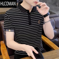 HLCOMAN夏季Polo衫条纹男士po短袖T恤冰丝莫代尔翻领韩版修身半袖上衣