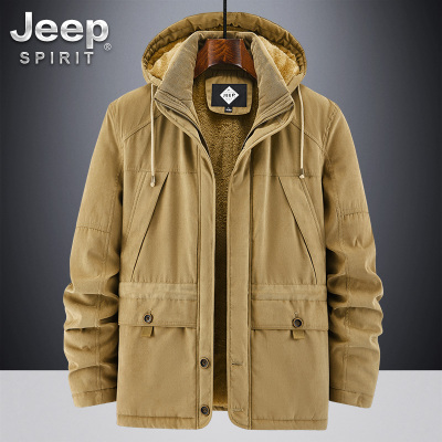 JEEPSPIRIT男士棉衣中长款冬季中老年爸爸加绒加厚工装外套棉服男