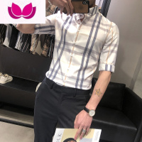 七斓韩版潮流七分袖格子短袖衬衫男夏季修身帅气商务休闲中袖条纹衬衣