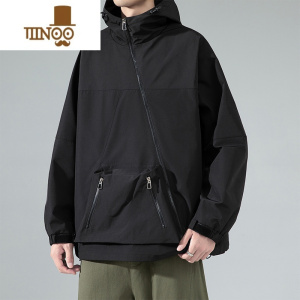 YANXU冲锋衣男士外套款潮牌休闲工装连帽夹克秋季青少年斜襟上衣服