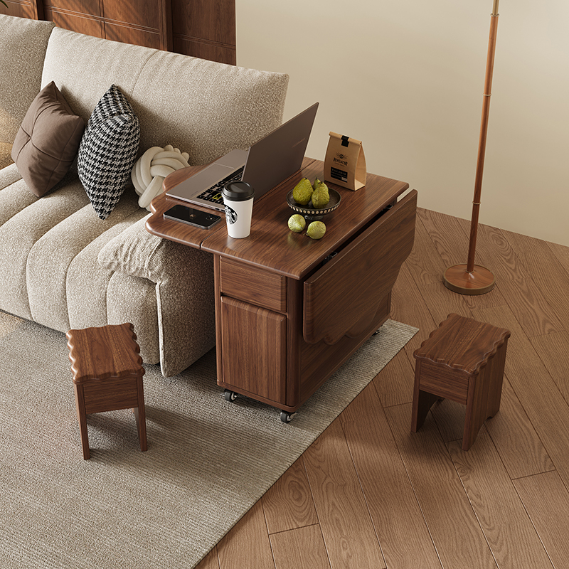 青木川 简约现代胡桃木全实木沙发边柜创意边几客厅2025新款客厅可折叠小茶台侧边柜角几小推车边几