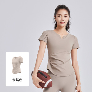 夏季新款v领褶皱瑜伽服短袖女防震固定杯显瘦运动健身上衣