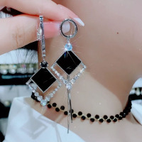 气质轻奢微镶钻不对称黑色菱形流苏耳环2025时尚新款925银针耳饰送女朋友老婆情人节七夕生日礼物