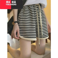 YIBUSHENG休闲裤女2022季新款高腰宽松黑白条纹阔腿短裤小个子