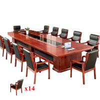 正斌大型油漆会议桌实木黑玻璃长桌开会办公室桌椅组合工作台4米会议桌+14把将椅