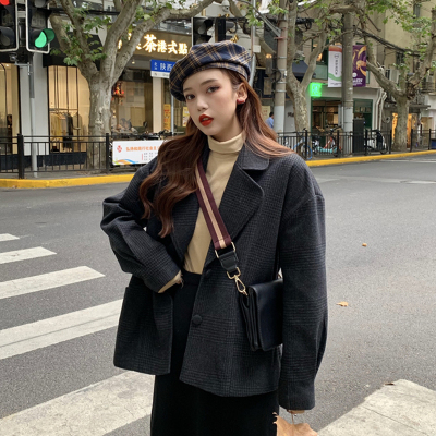 七斓赫本风黑色格子毛呢外套女百搭2020年新款小个子短款呢子大衣毛呢外套