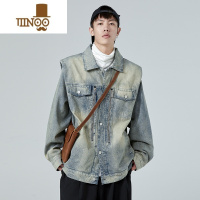 YANXU美式复古蓝色牛仔外套男女款秋季水洗做旧上衣拉链设计感小众夹克