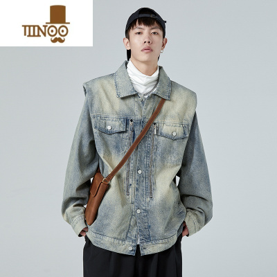 YANXU美式复古蓝色牛仔外套男女款秋季水洗做旧上衣拉链设计感小众夹克