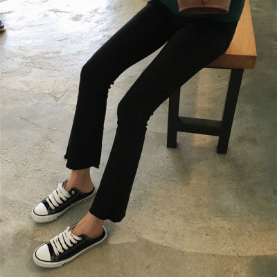 秋装韩版女装修身显瘦微喇叭裤女学生百搭九分裤高腰毛边牛仔裤