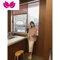 七斓◆冰茶套装~宽松慵懒感轻薄针织上衣女 开叉半身裙