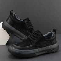 户外复古休闲鞋男新款秋季低帮系带板鞋宽头厚底防滑真皮皮鞋