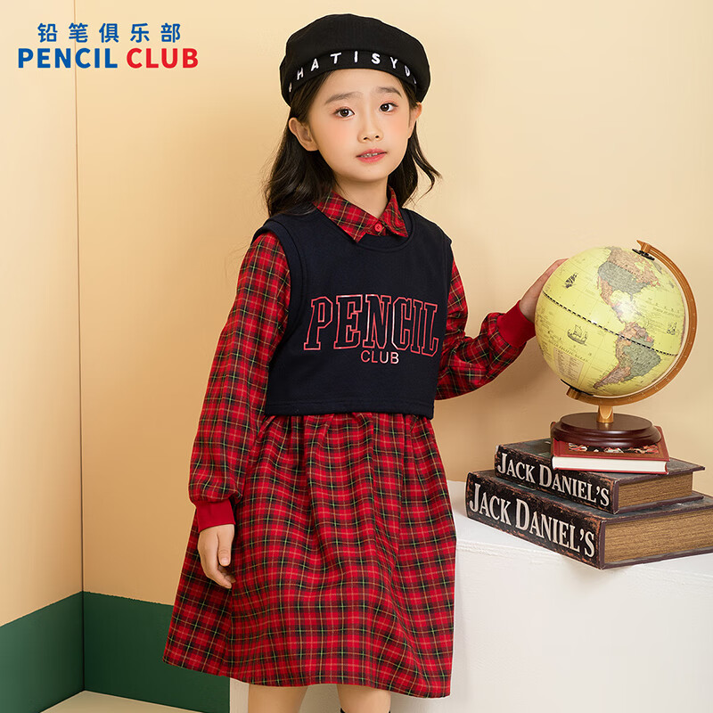 [新品5折价:105元]铅笔俱乐部童装2025秋装新款女童连衣裙儿童两件套格子衬衫裙可拆背心