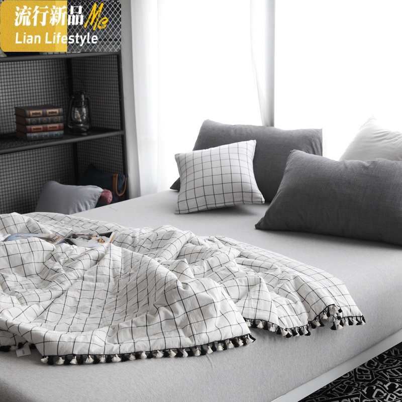 日式简约风黑白格子单双人夏季薄被子水洗棉棉空调被棉夏凉被 三维工匠