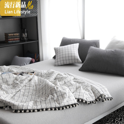 日式简约风黑白格子单双人夏季薄被子水洗棉棉空调被棉夏凉被 三维工匠