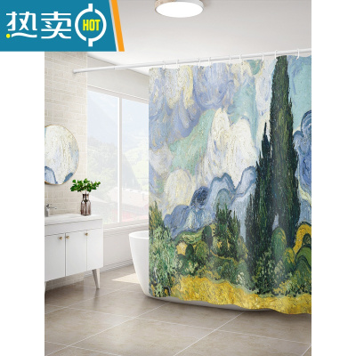 敬平梵高油画浴帘免打孔套装洗澡遮挡帘淋浴帘子厕所隔断帘沐浴防水布