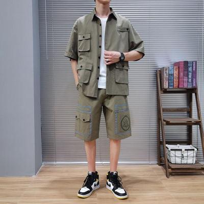 梵克公牛夏季薄款短袖工装套装男棉白色休闲运动两件套商务休闲牌网红青年衬衫灰军绿色M