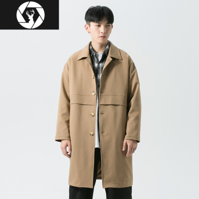 HongZun秋冬纯色简约风衣男中长款宽松垂感潮男日系加棉大衣休闲翻领外套风衣