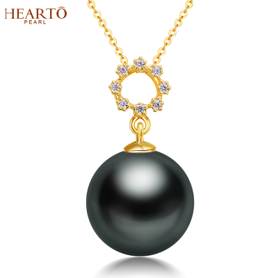 海瞳18K金大溪地黑珍珠吊坠女款黑色海水珍珠吊坠韩范时尚珠宝正圆珍珠项链首饰送女友