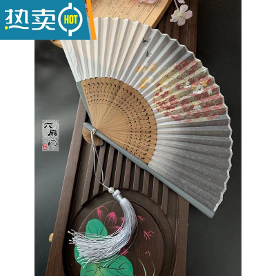 XIANCAI复古风古色古香蝴蝶猫咪折扇子日用扇夏季折扇子汉服摄影拍照竹女 生莲