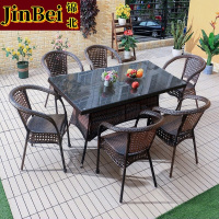锦北藤椅阳台桌椅室外庭院藤编椅子花园茶几藤椅组合6椅+150全藤直角桌