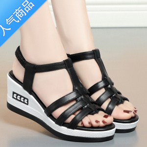 SUNTEK坡跟凉鞋女妈妈2023年新款厚底百搭夏季女鞋松糕底平底鱼嘴罗马鞋