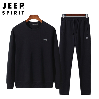 JEEP/吉普运动套装男士春秋款新品圆领卫衣长袖打底衫卫裤两件套黑色直筒裤4XL
