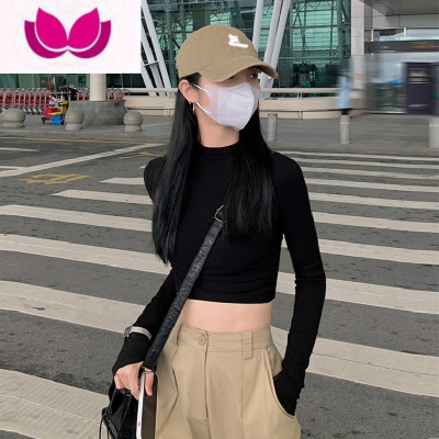 七斓半高领黑色露脐打底衫女内搭修身显瘦小众长袖t恤短款上衣ins
