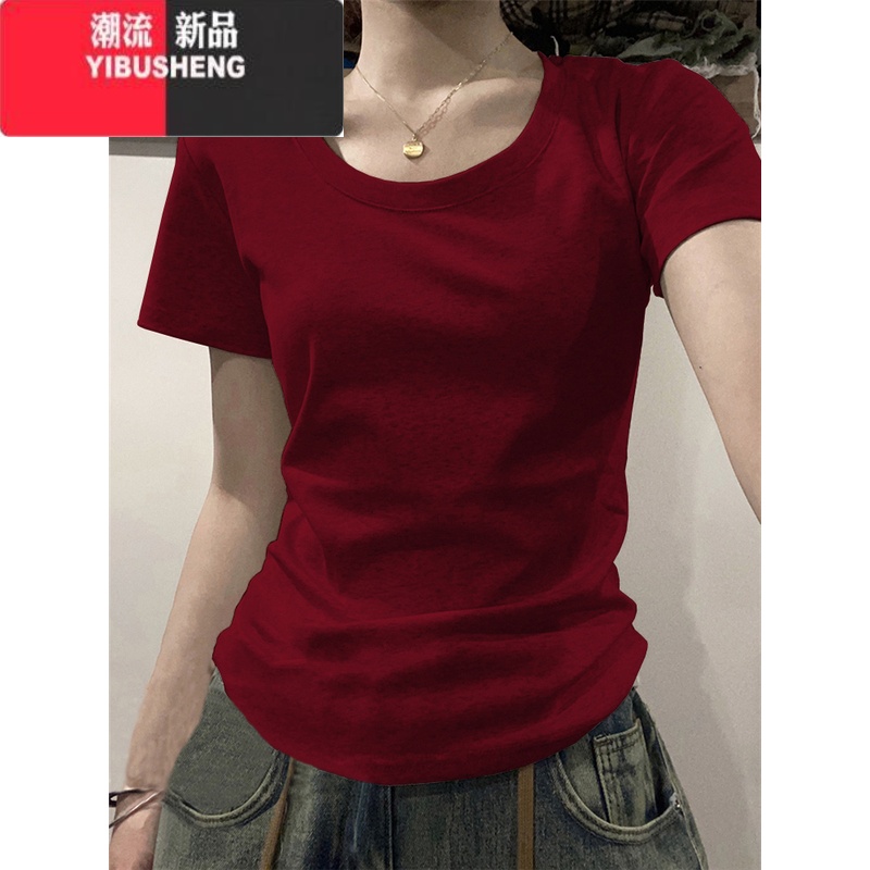 YIBUSHENG酒红色高端短袖修身t恤女季显瘦紧身短款上衣服多巴胺穿搭