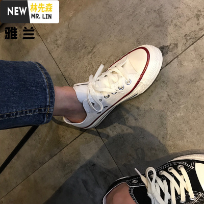 林先森港风平底帆布鞋低帮女板鞋系带休闲运动鞋时尚女棉鞋潮冬加绒显瘦帆布鞋