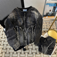 套装男新款美式水洗做旧牛仔夹克套装时尚毛边微喇牛仔裤潮流夹克