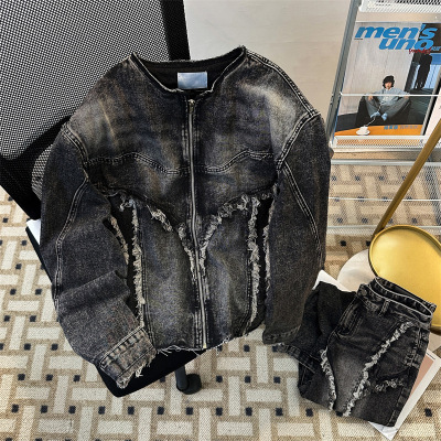 套装男新款美式水洗做旧牛仔夹克套装时尚毛边微喇牛仔裤潮流夹克