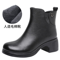 粗跟后底短靴女棉靴秋冬季新款靴女真皮软底鞋大码鞋马丁靴子