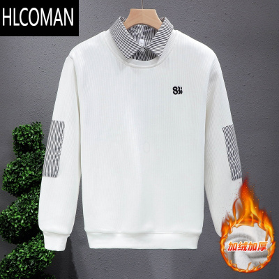 HLCOMAN2024年货高端假卫衣男潮牌上衣男士加绒加厚衬衫领T恤打底衫