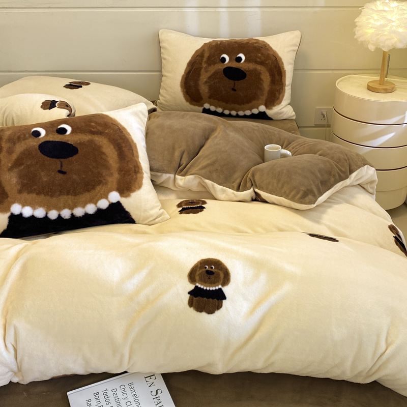 秋冬款A类高克重ins卡通牛奶绒四件套双面加绒印花被套枕套三件套
