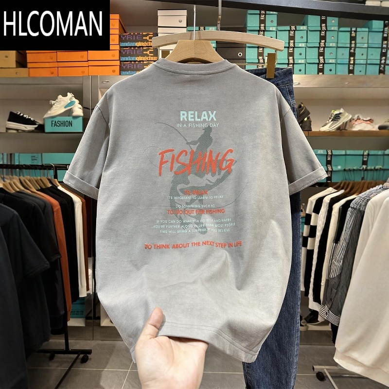 HLCOMAN美式宽松短袖T恤男潮流印花夏季上衣体恤休闲蜡染半袖男衣服