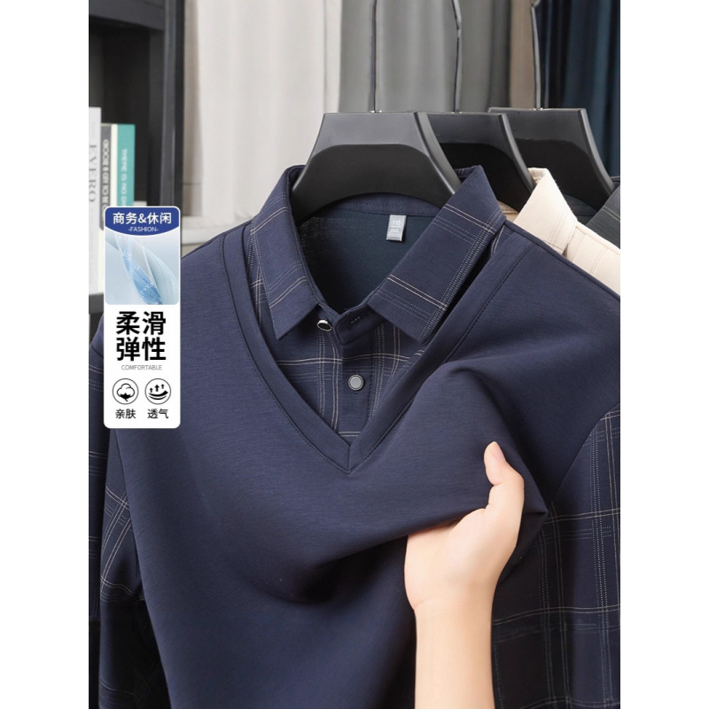 男士假两件POLO衫秋季新款中年纯色休闲纯色打底T恤