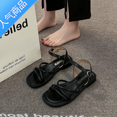 SUNTEK法式夏季配裙子设计感小众罗马凉鞋女平底仙女风一字带2023年新款