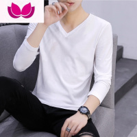 七斓男士长袖T恤潮流男装V领体桖秋衣打底衫春季内搭纯色白上衣服