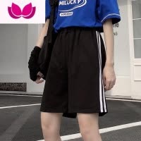 七斓宽松三条杠黑色短裤男女夏季bf风高腰运动休闲中裤三五分裤直筒裤