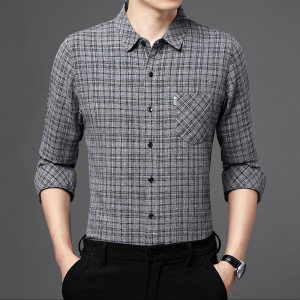 秋季新款男士长袖衬衫中年休闲格子真口袋翻领爸爸衬衣男士打底