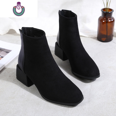 FISHBASKET瘦瘦靴女2020年新款加绒透气粗跟短靴网红百搭后拉链马丁靴靴子