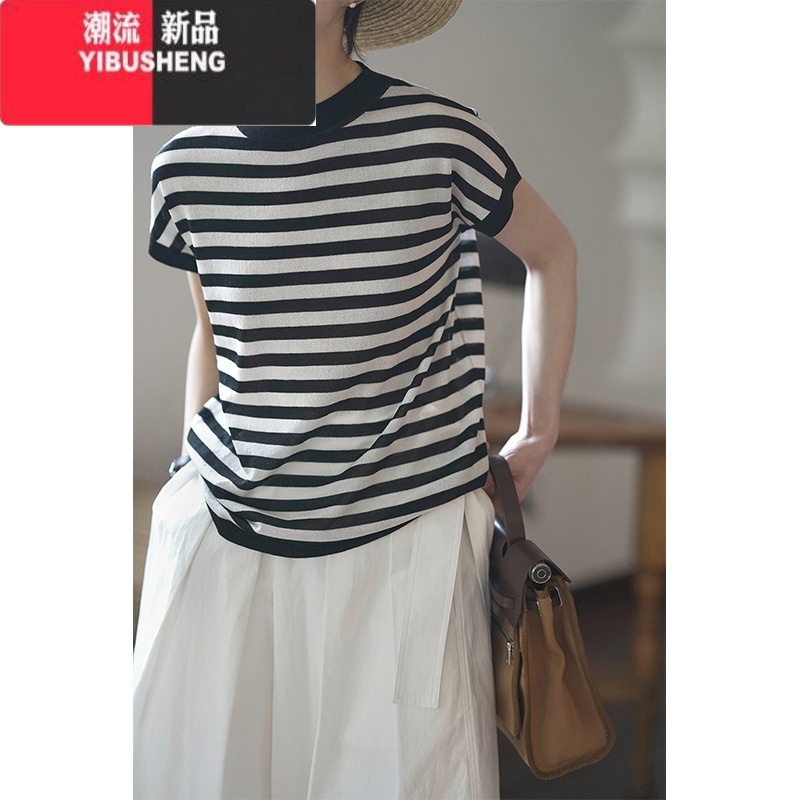 YIBUSHENG法式海魂衫红白条纹针织短袖T恤女季薄款别致撞色设计正肩上衣